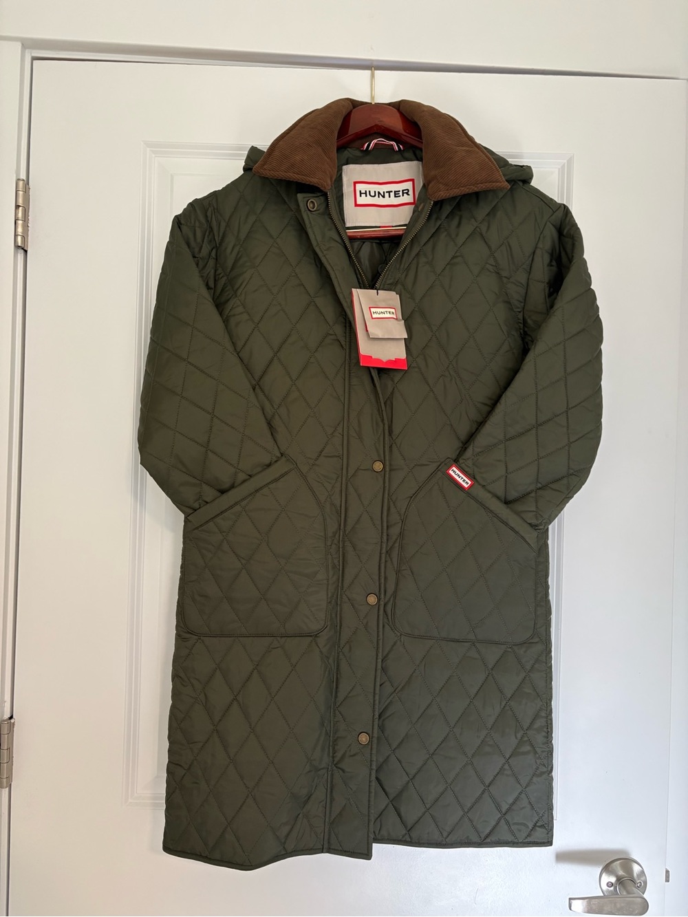 Hunter NWT Long Quilted Coat Olive Corduroy Collar Hood S